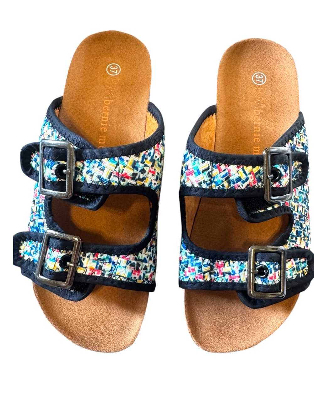 bernie mev. Multicolor Tweed Buckle Slide Sandals